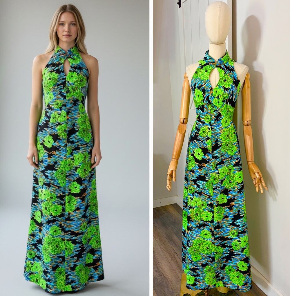 VTG 70s It's Better X Double Knit Psychedelic Floral Hippie Mod Maxi Dress M/L?